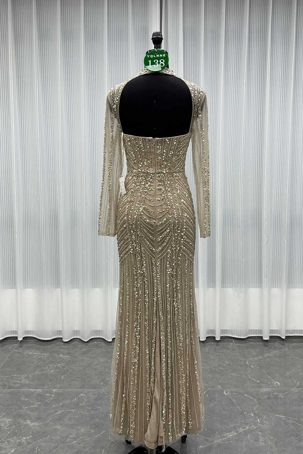 YQLNNE 0138 Pink Long Sleeves Evening Dress Handmade Heavy Crystals Beaded