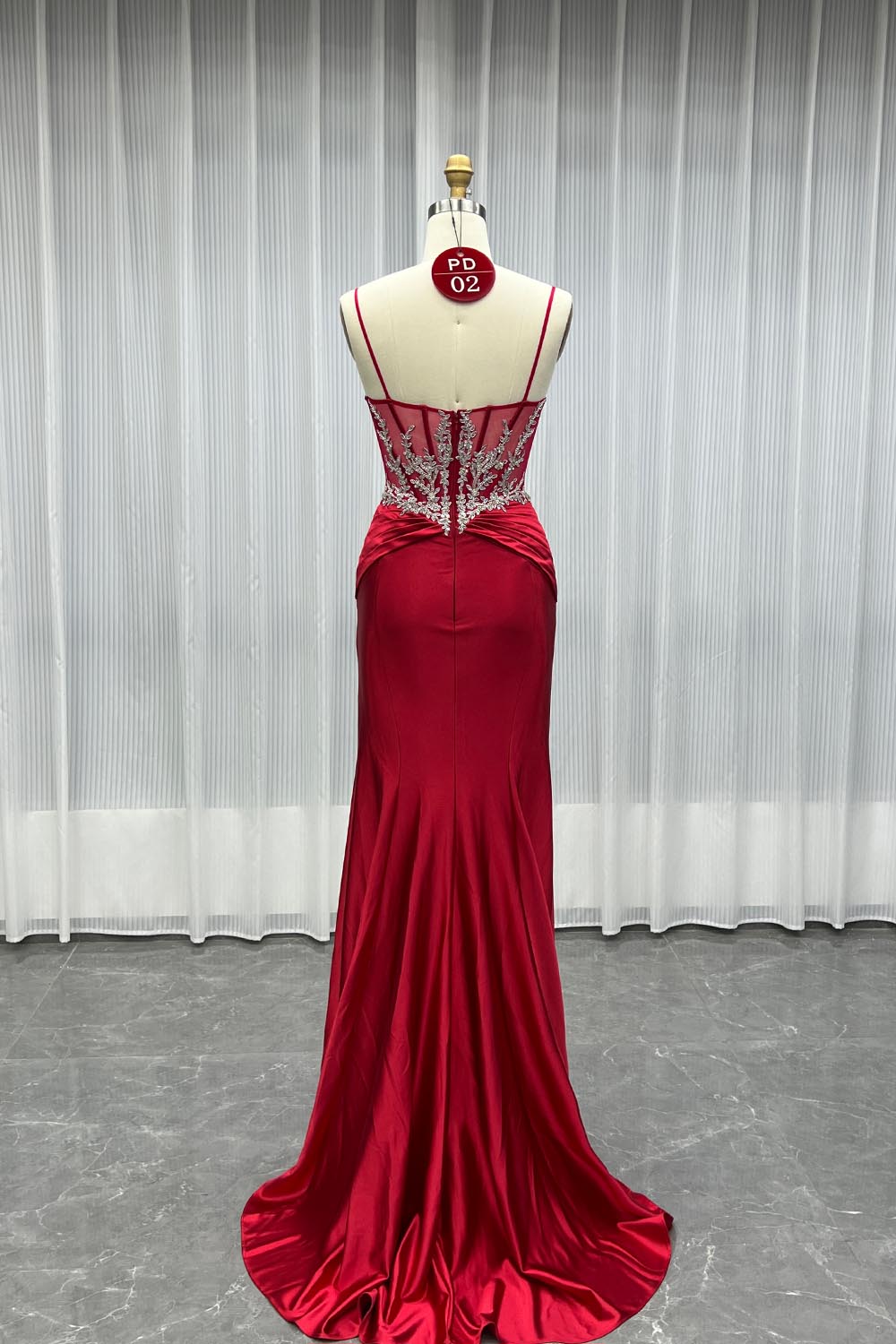 YQLNNE PD02 Red Satin Spaghetti Long Prom Dresses Mermaid