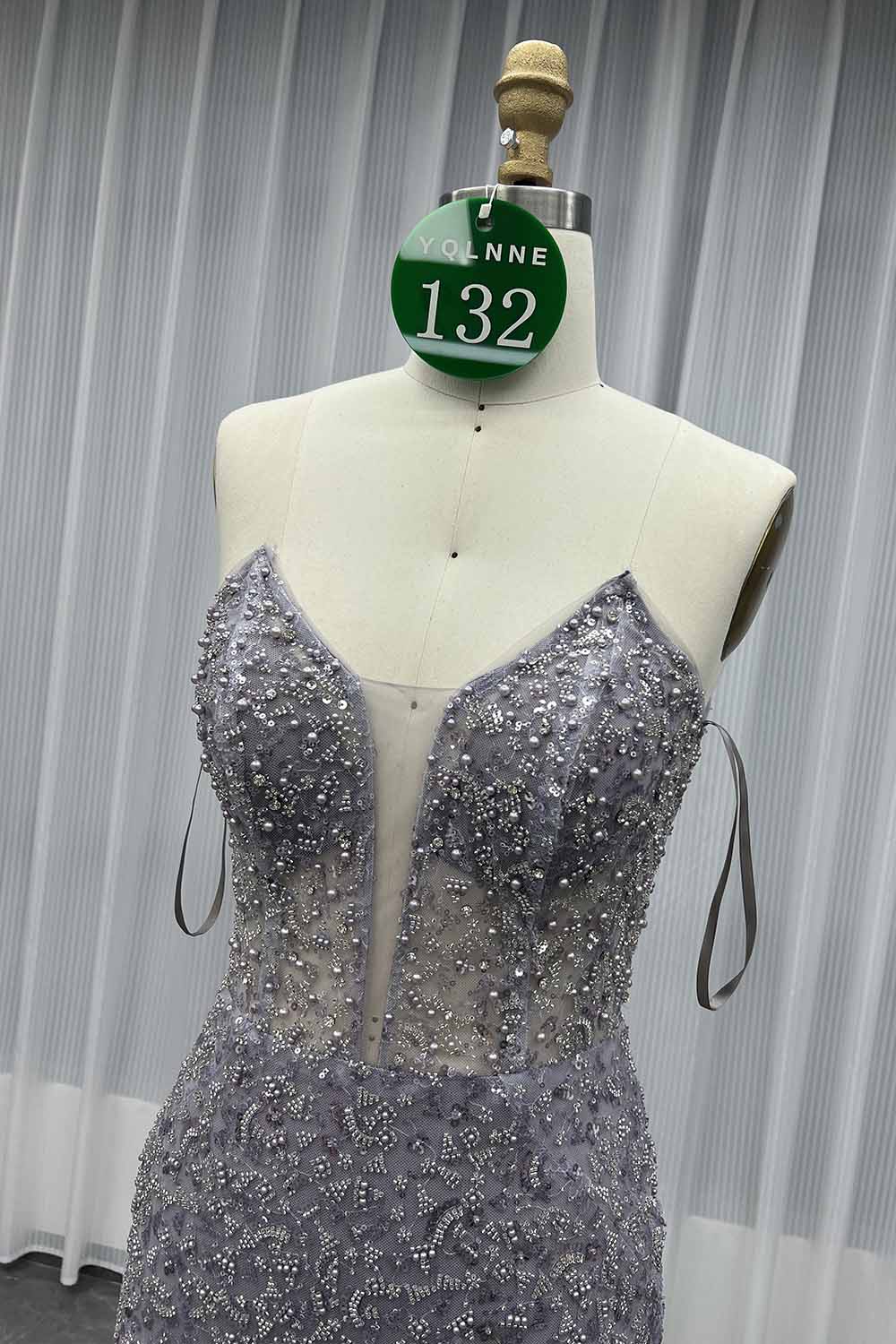 YQLNNE 0132 Dusty Lilac Pearls Beaded Evening Dress With Shawl