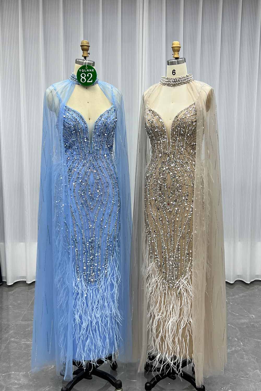 YQ082 Blue Feathers Evening Dress With Shawl Mid-Length