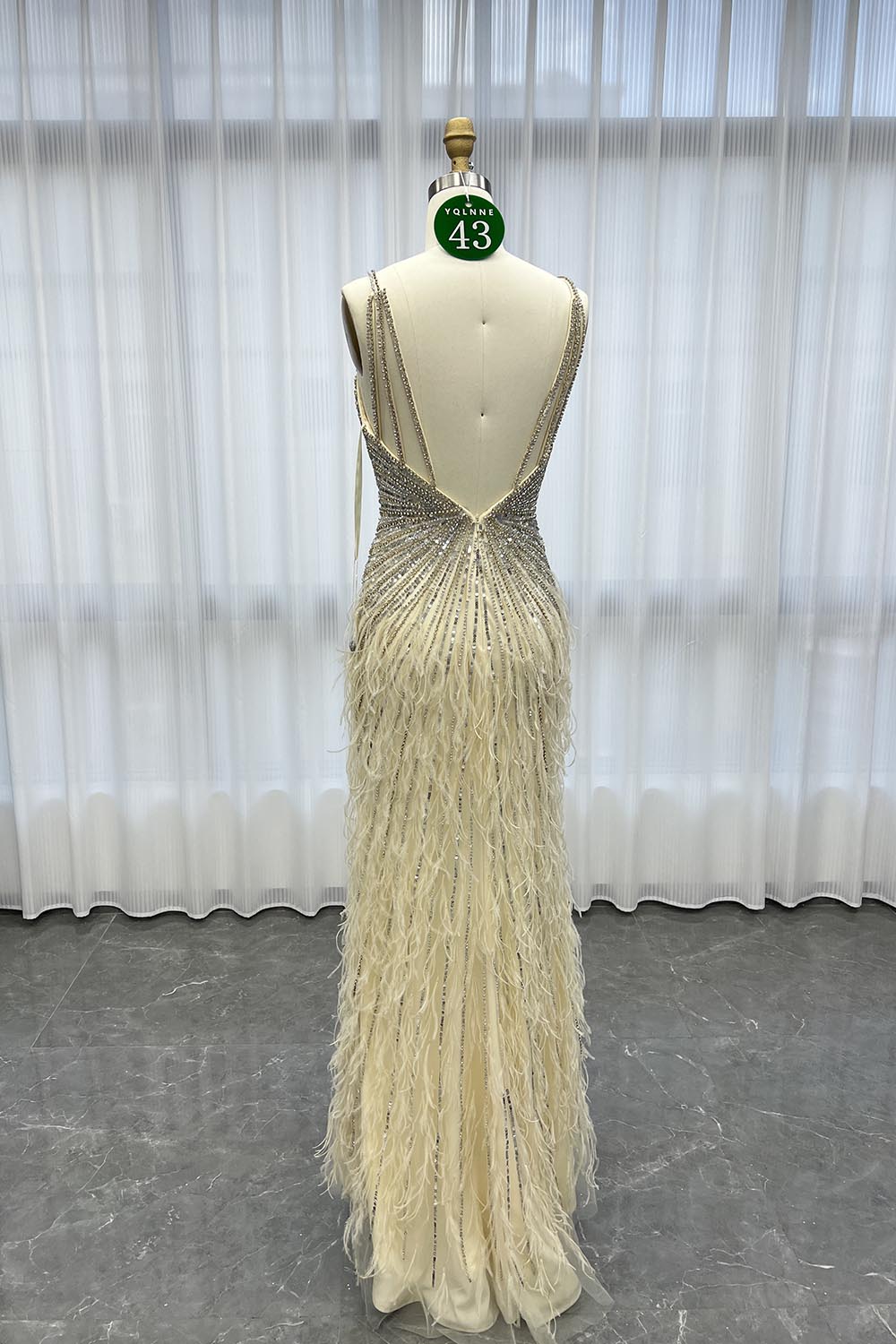YQLNNE 043 Beige Feathers Long Crystals Evening Dress With Slit