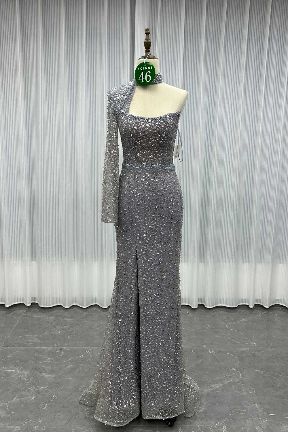 YQLNNE 046 Nude One Shoulder Crystals Evening Dress Long Sleeve Mermaid Formal Gown