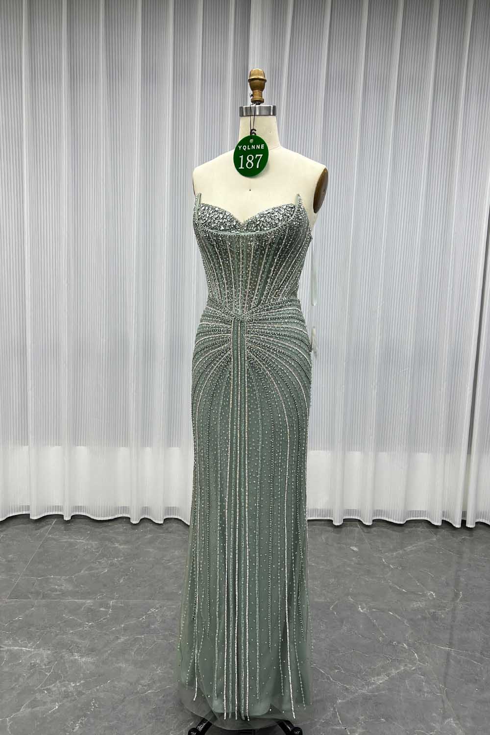 YQLNNE 0187 Sage Green Rhinestones Mermaid Evening Dress With Removable Shawl