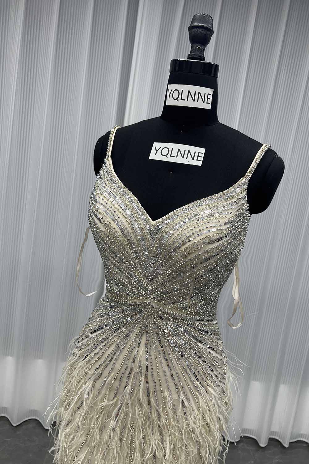 YQLNNE 043 Silver Nude Feathers Crystals Evening Dress Wedding Party Gown