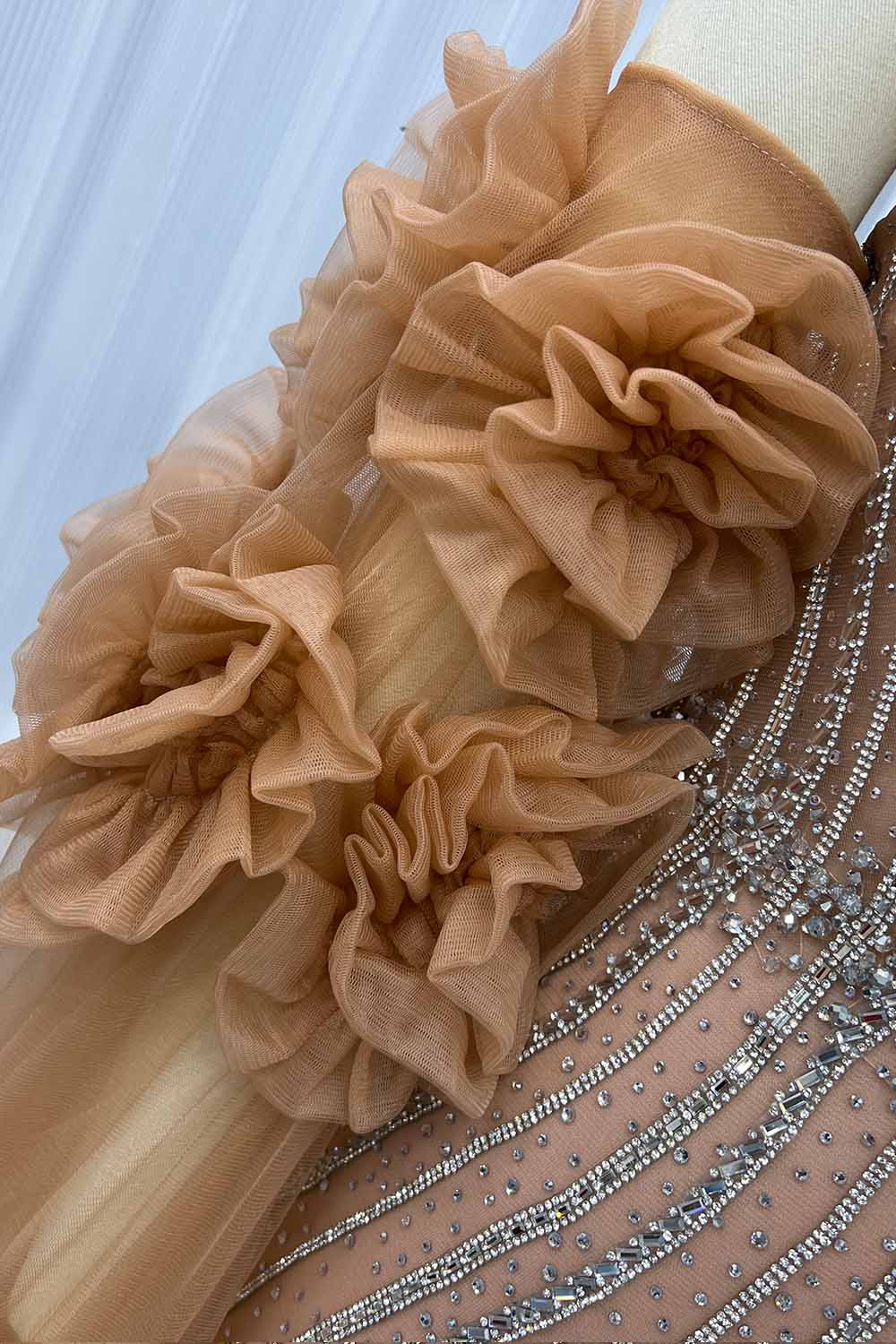YQLNNE 0128 Luxury Orange Crystals Evening Party Gown With Removable Tulle Sleeves