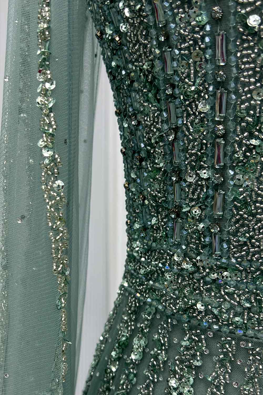 YQLNNE 0176 Sparkly Sage Crystals Evening Dress With Crystals Beaded Cape Sleeves