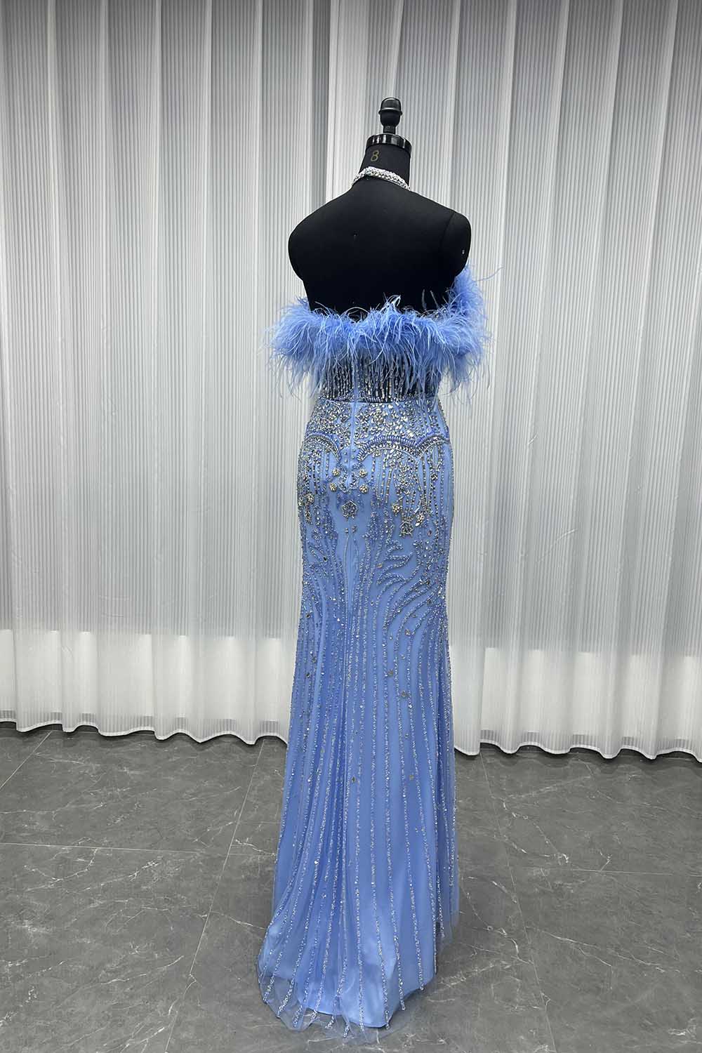 YQLNNE 044 Luxury Nude Feathers Crystals Evening Dress Long Mermaid Pageant Party Gown