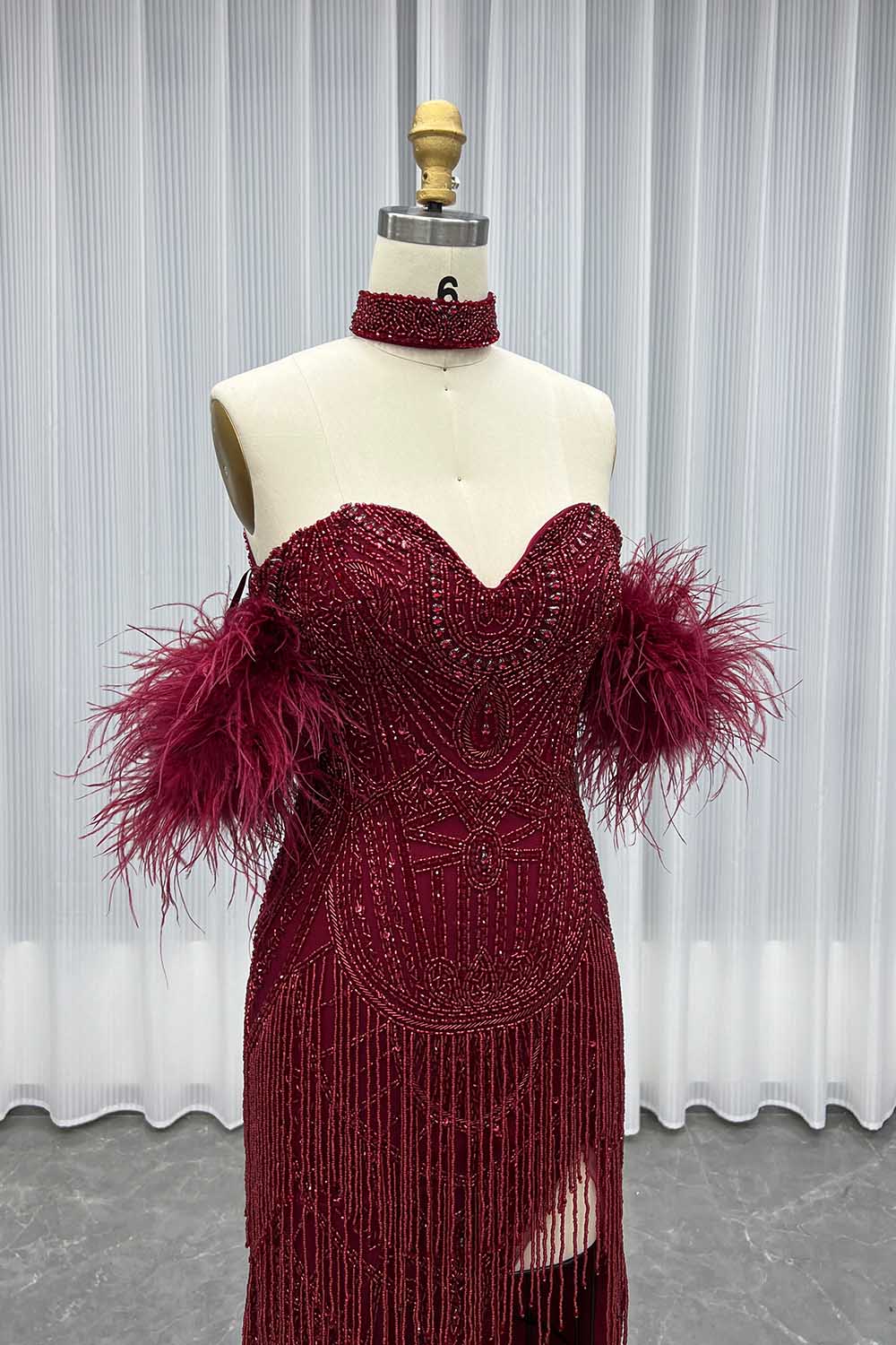 YQLNNE 035 Burgundy Feathers Slit Evening Dress With Handmade Crystals Beaded