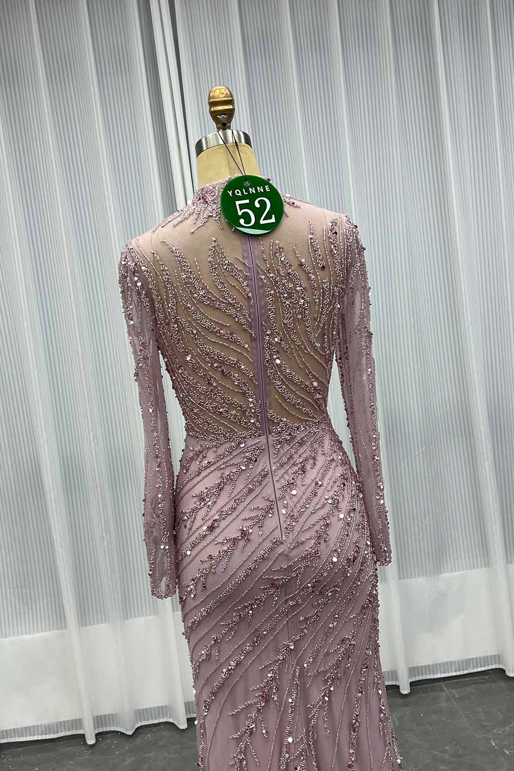 YQLNNE 052 Pink Long Sleeves Handmade Beaded Evening Dress With Removable Train