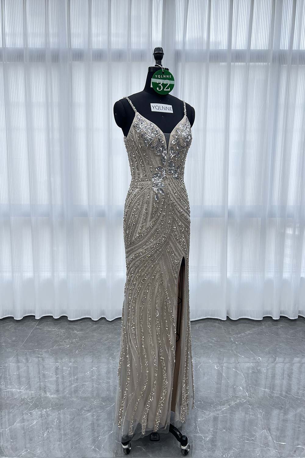 YQLNNE 032 Gold Long Evening Dress Mermaid Handmade Crystals Beaded
