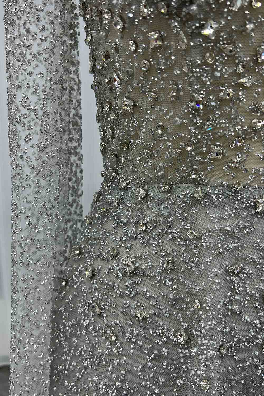 YQLNNE 0135 Sparkly Silver Crystals Evening Dresses Cape Sleeves Long Aline Formal Women Party Gown