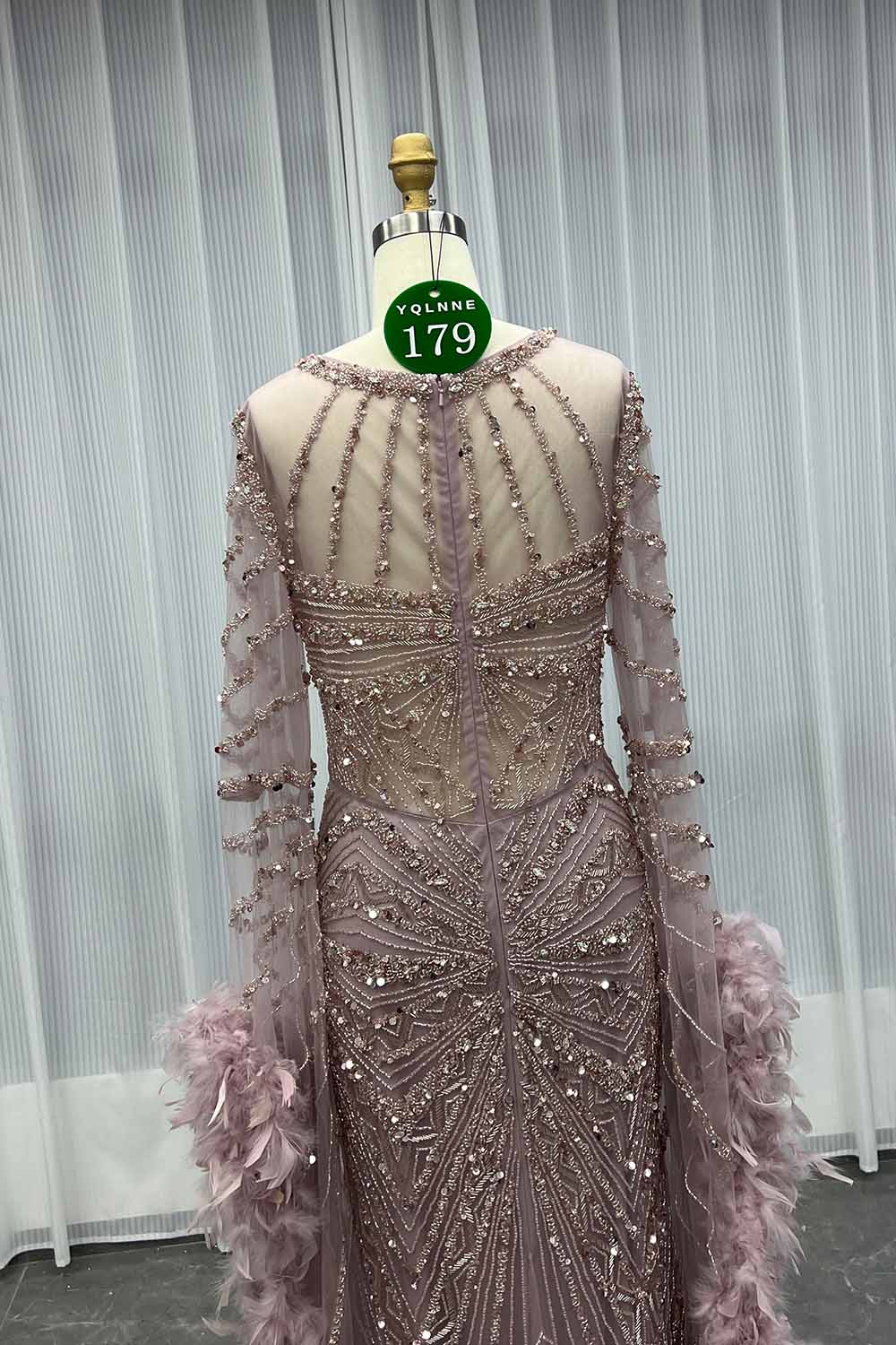 YQLNNE 0179 Pink Long Sleeves Feathers Evening Dress With Handmade Crystals Beaded