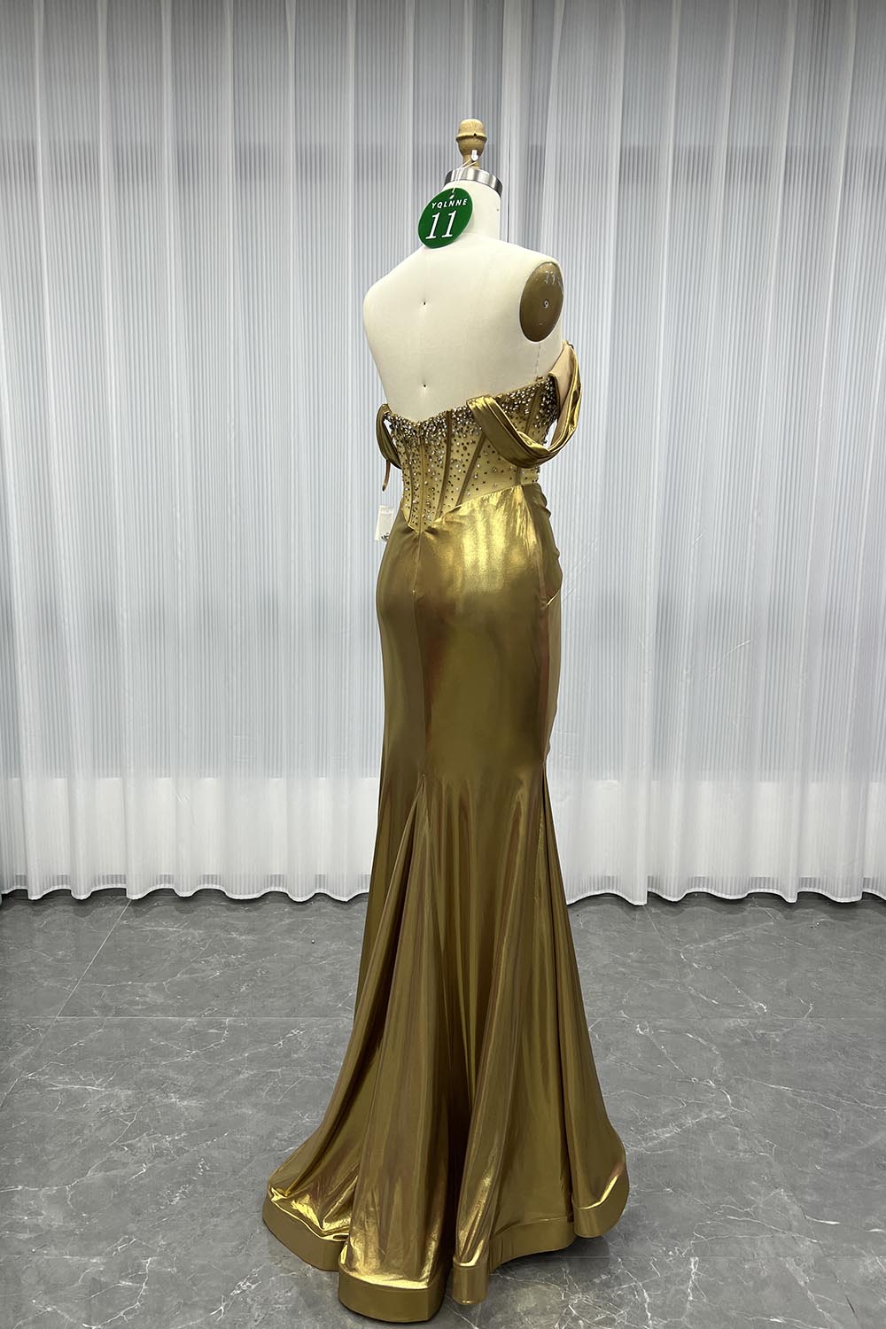YQLNNE 011 Gold Off the Shoulder Crystals Prom Dresses Long Mermaid Party Gown