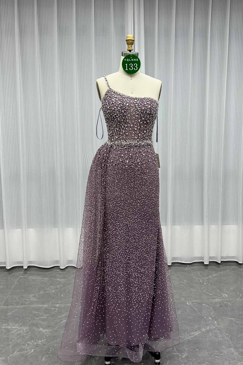 YQLNNE 0133 Rose Gold One Shoulder Crystals Evening Dress With Side Skirt