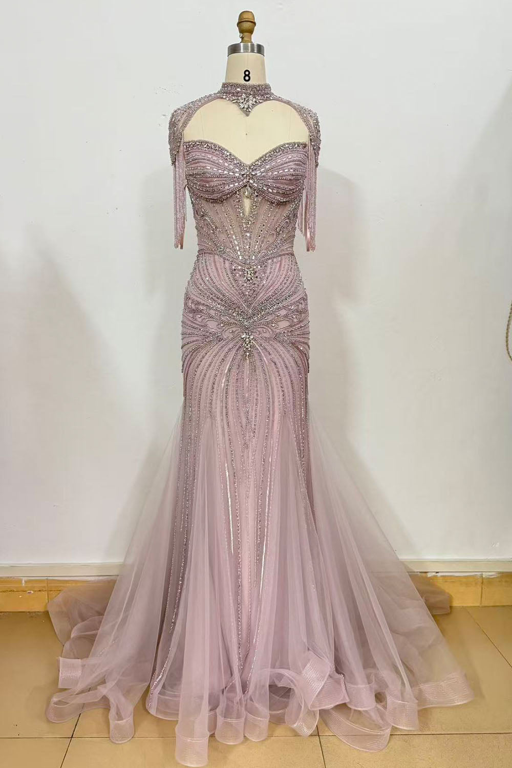 YQLNNE 0195 Luxury Gold Crystals Evening Party Gown With Necklace