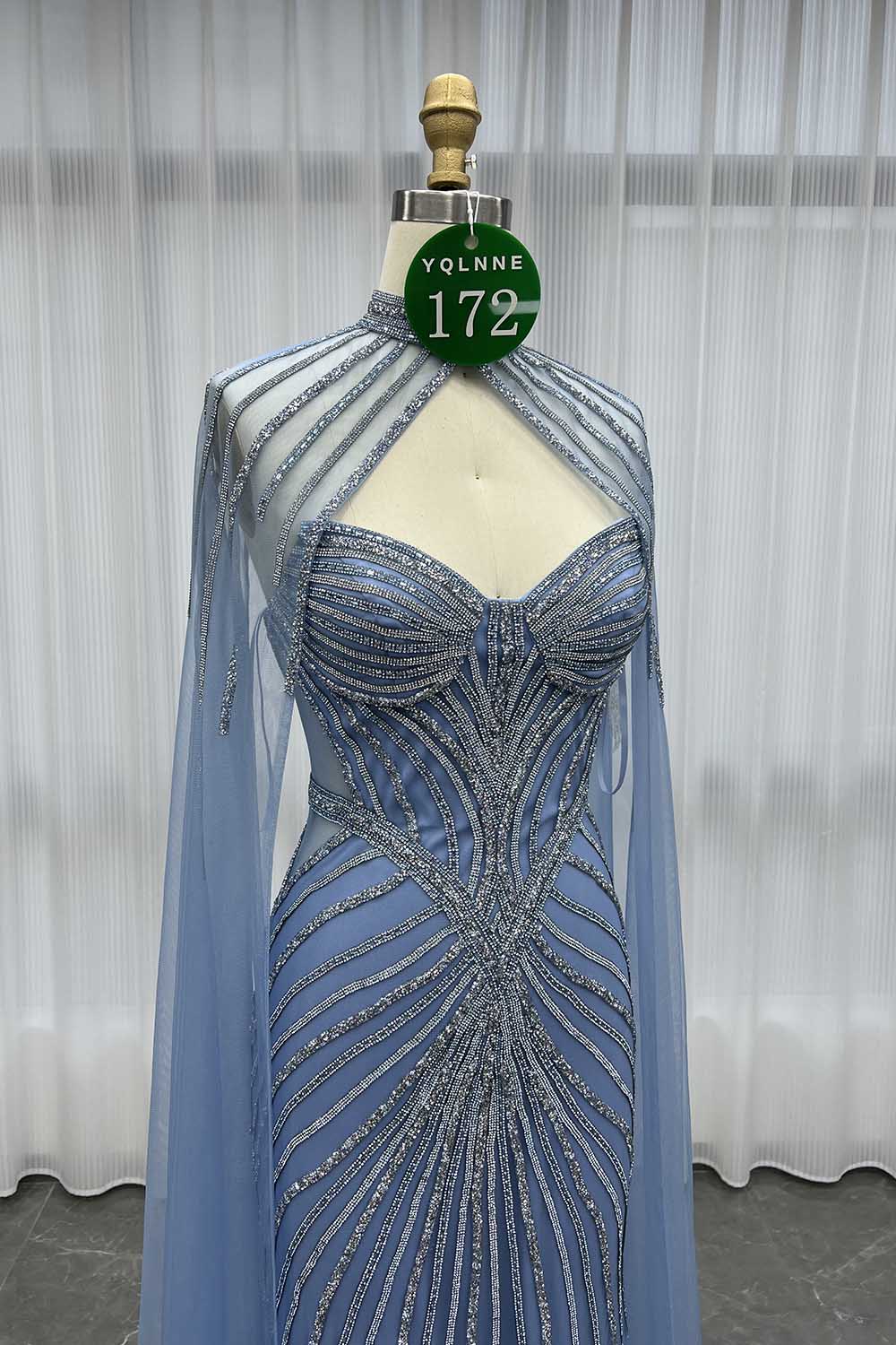 YQLNNE 0172 Blue Crystals Long Evening Dress With Shawl