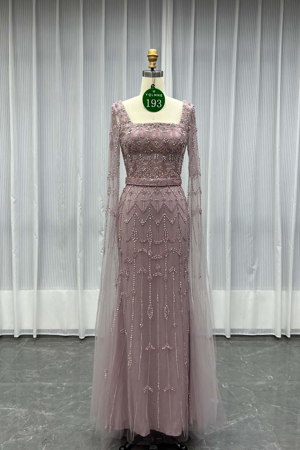 YQLNNE 0193 Modest Nude Square Collar Evening Dress With Handmade Crystals Beaded