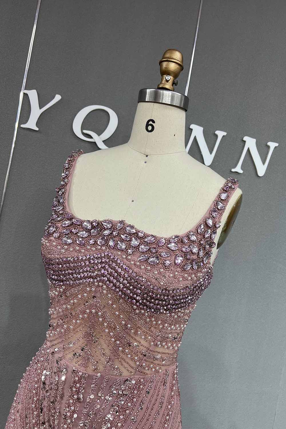 YQLNNE 042 Pink Crystals Beaded Evening Dress Long Mermaid Party Dress with Removeable Train