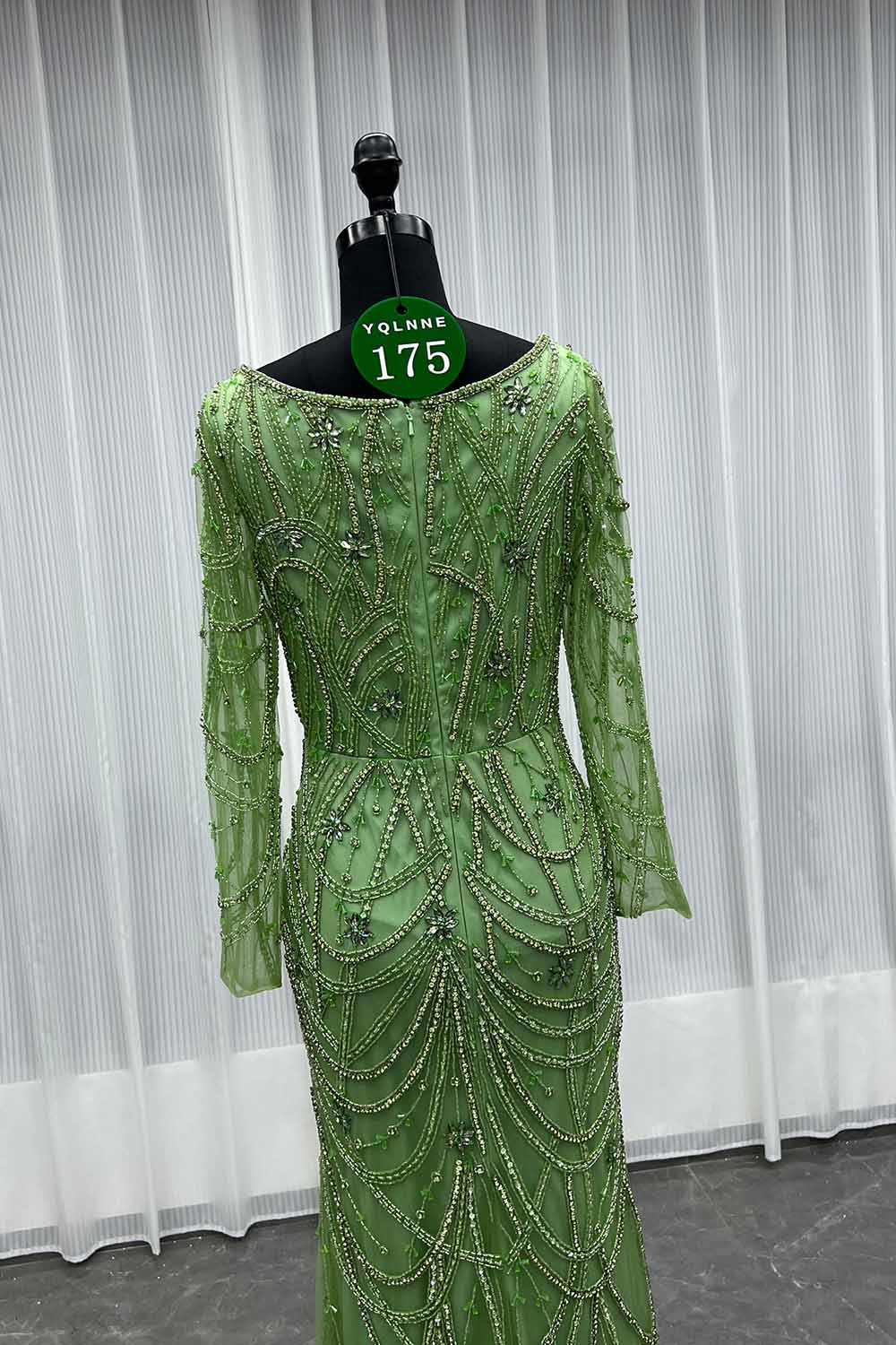 YQLNNE 0175 Nude Square Collar Crystals Beaded Evening Dress With Long Sleeves