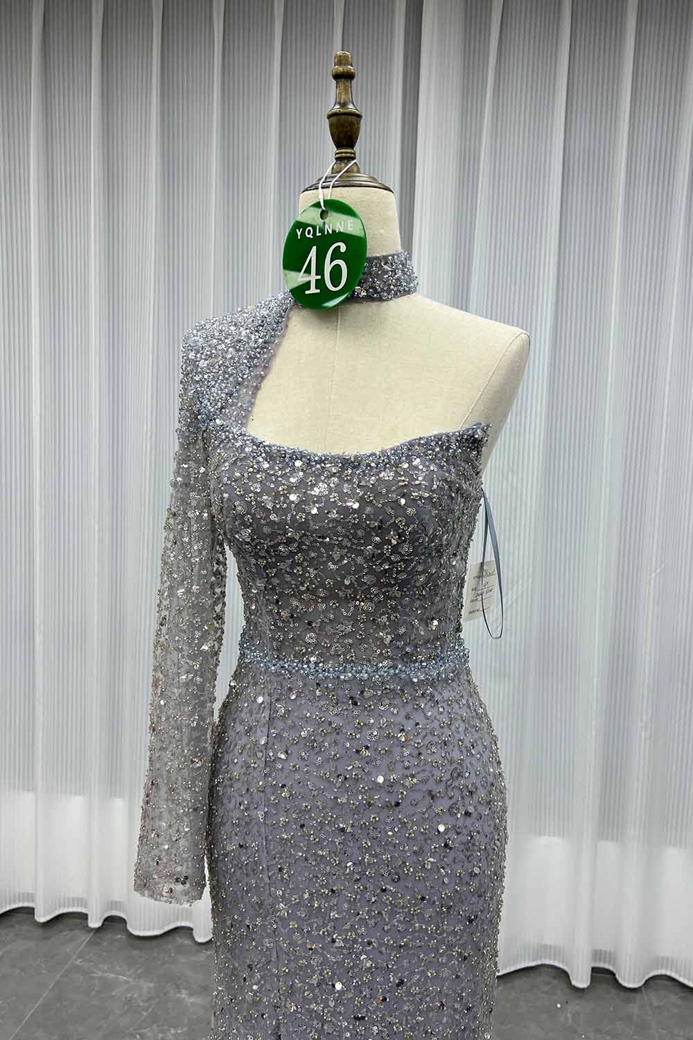 YQLNNE 046 Nude One Shoulder Crystals Evening Dress Long Sleeve Mermaid Formal Gown