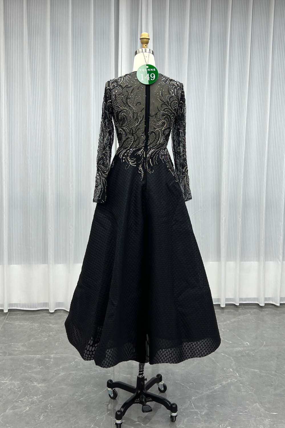 YQLNNE 0149 Black Crystals Beaded Tea-Length Evening Party Dress Full Sleeves