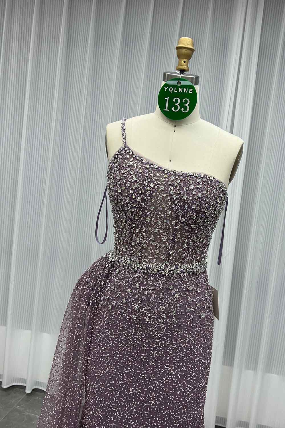 YQLNNE 0133 Rose Gold One Shoulder Crystals Evening Dress With Side Skirt