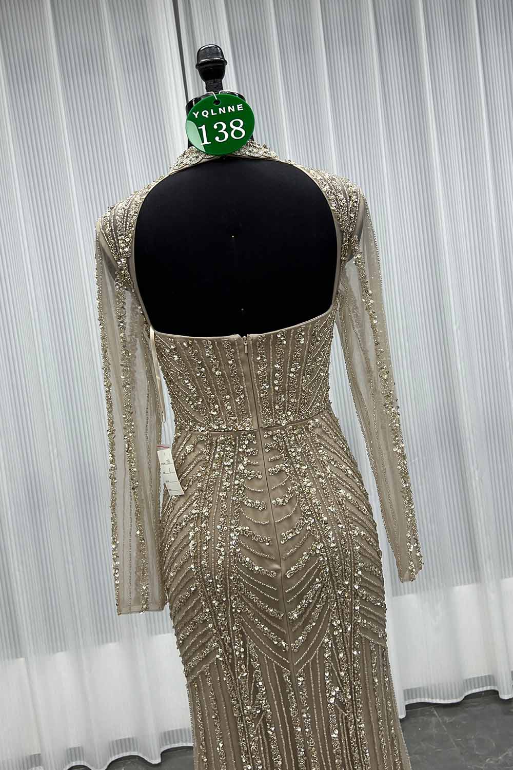 YQLNNE 0138 Pink Long Sleeves Evening Dress Handmade Heavy Crystals Beaded