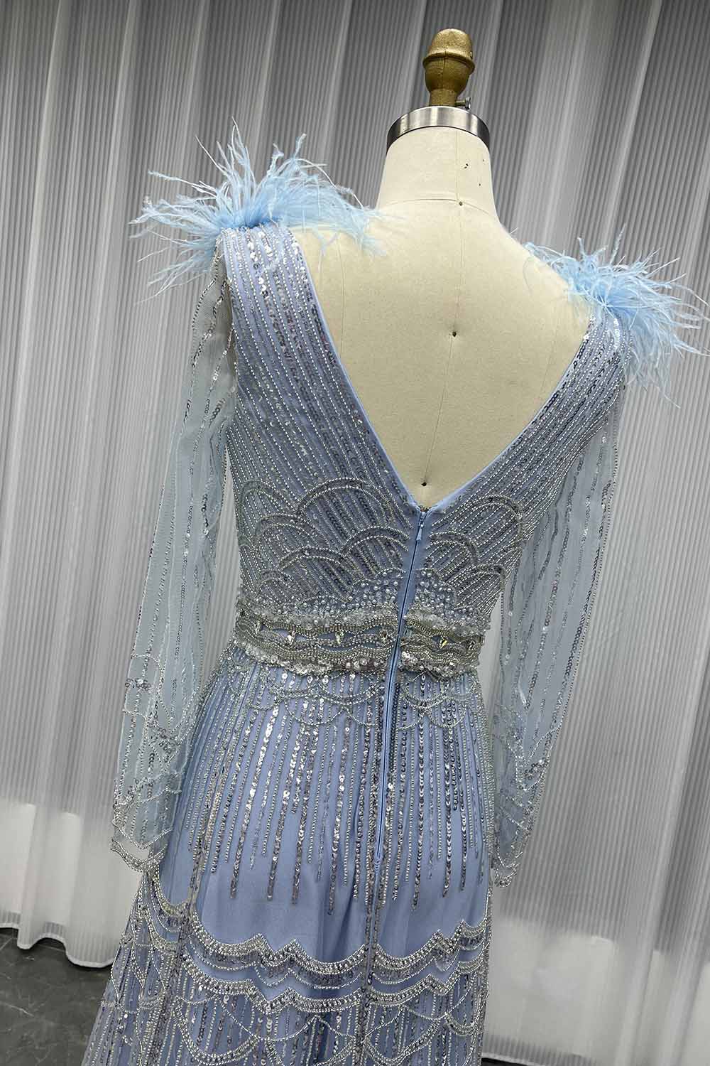 YQLNNE 17007 Muslim Feathers Evening Dress Long Sleeve Women Party Gown