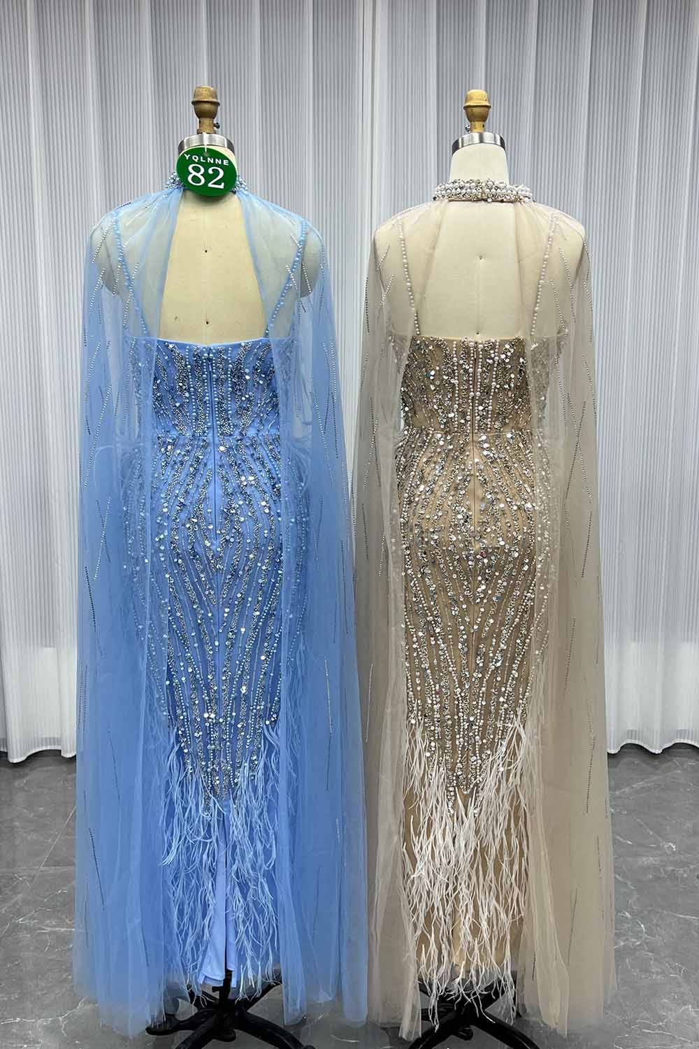 YQ082 Blue Feathers Evening Dress With Shawl Mid-Length