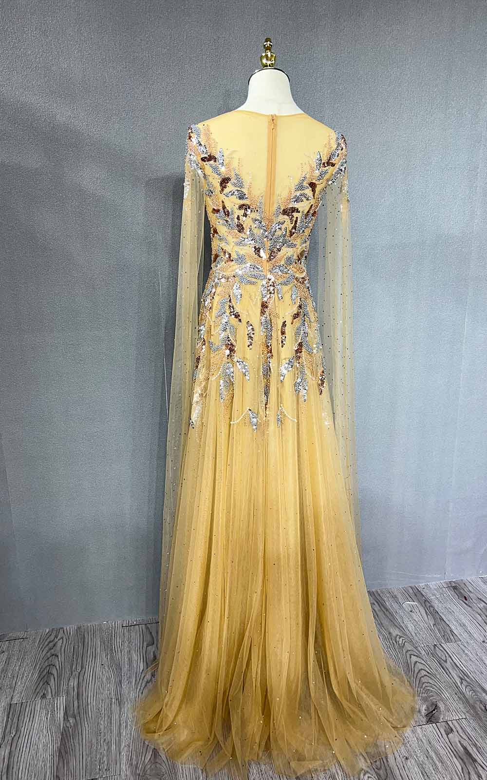 YQLNNE 069 Gold Crystals Beaded Evening Party Gown Handmade