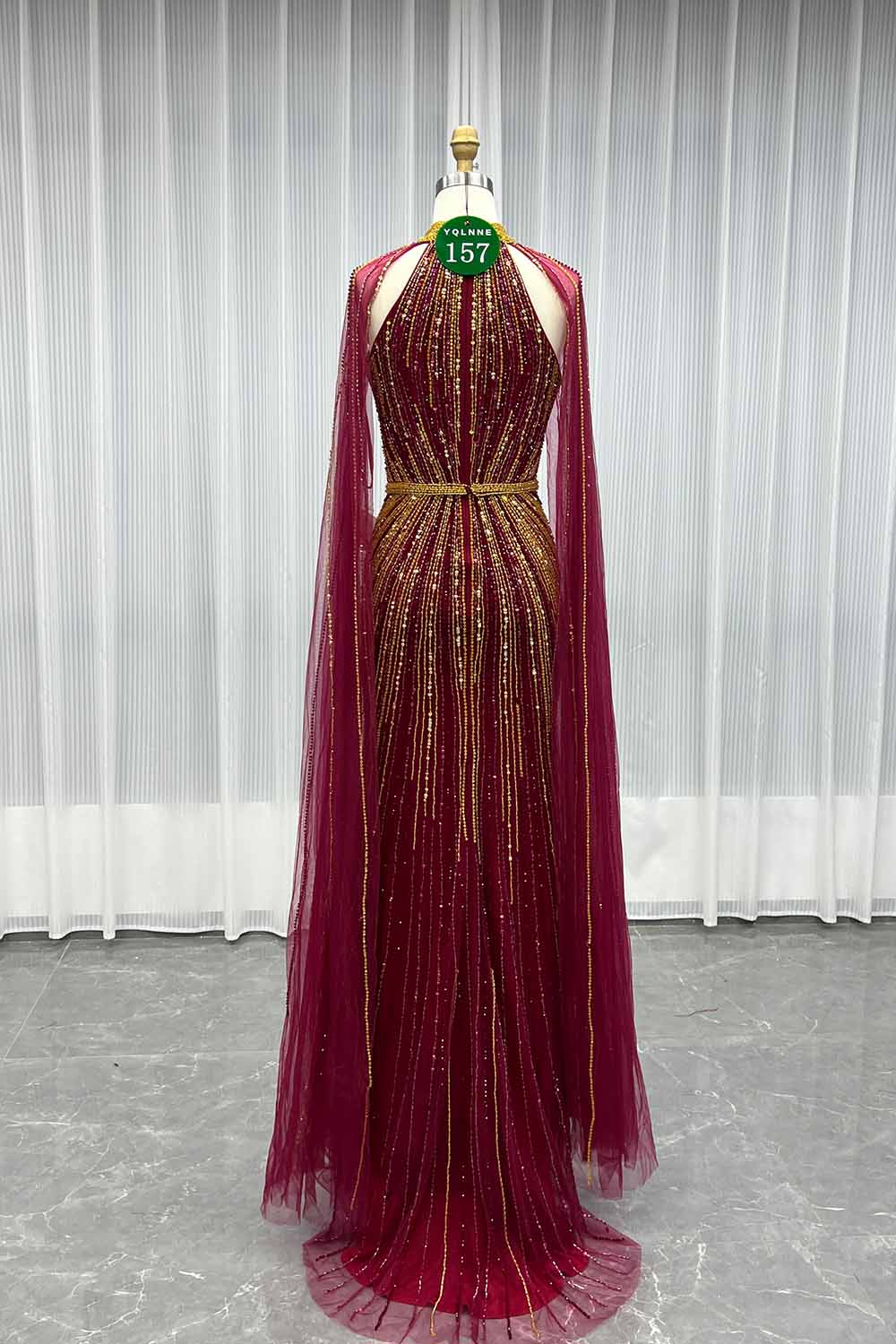 YQLNNE 0157 Navy High Collar Evening Dress With Handmade Crystals Beaded