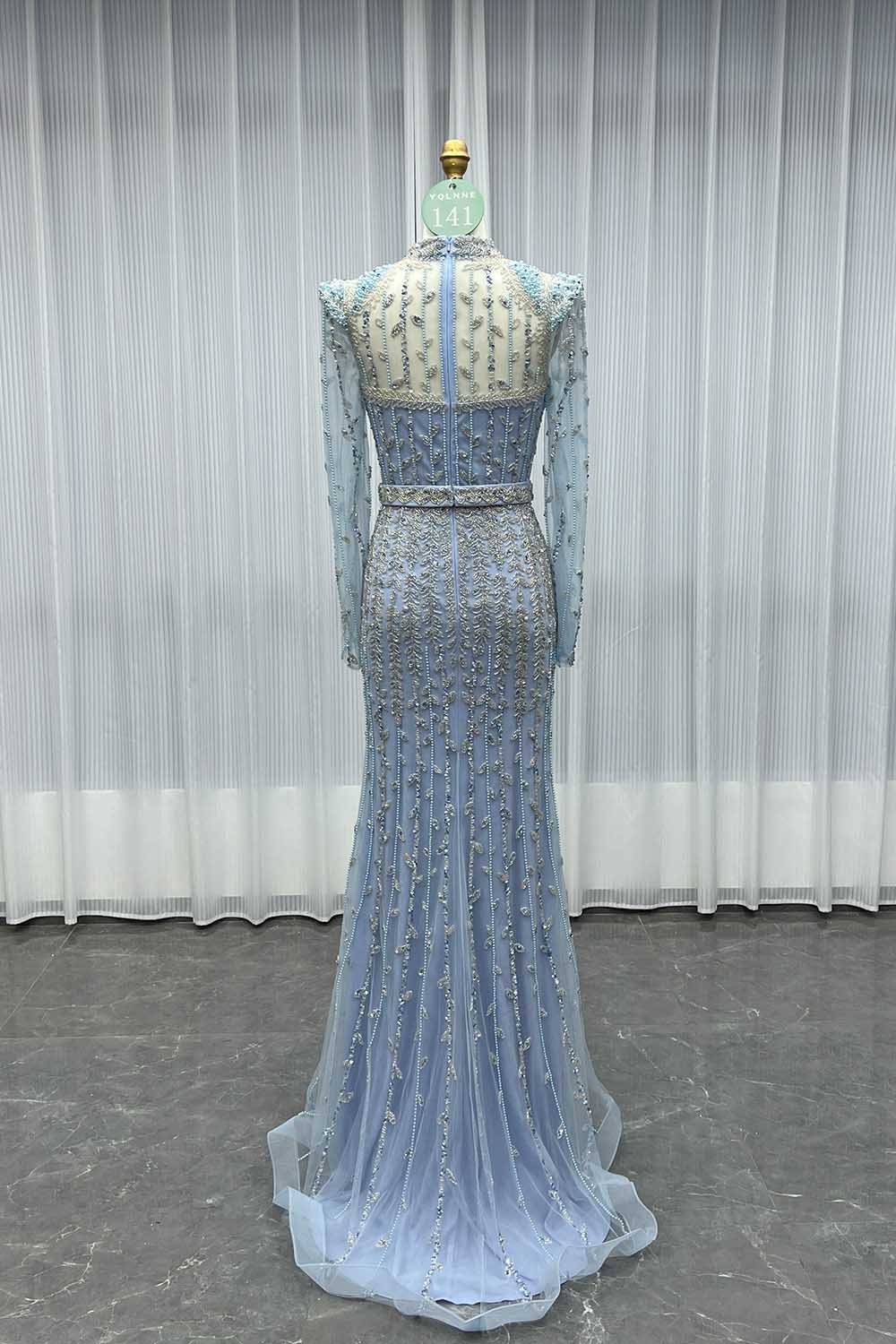YQLNNE 0141 Modest Pink Full Sleeves Evening Dress Handmade Beaded Pearls Muslim Formal Gown