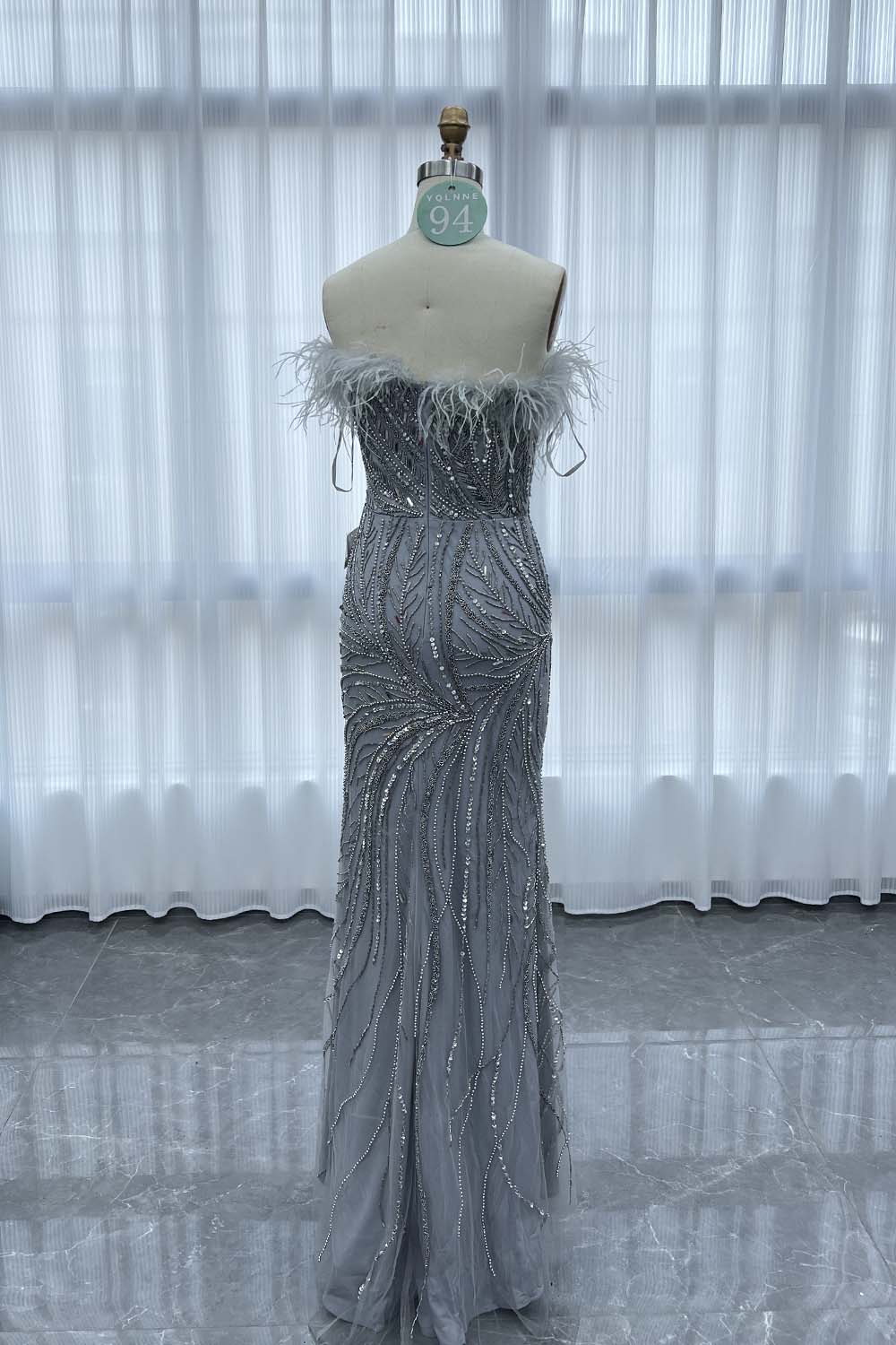 YQLNNE 094 Silver Feathers Beaded Evening Dress Formal Gowns With Removeable Skirt