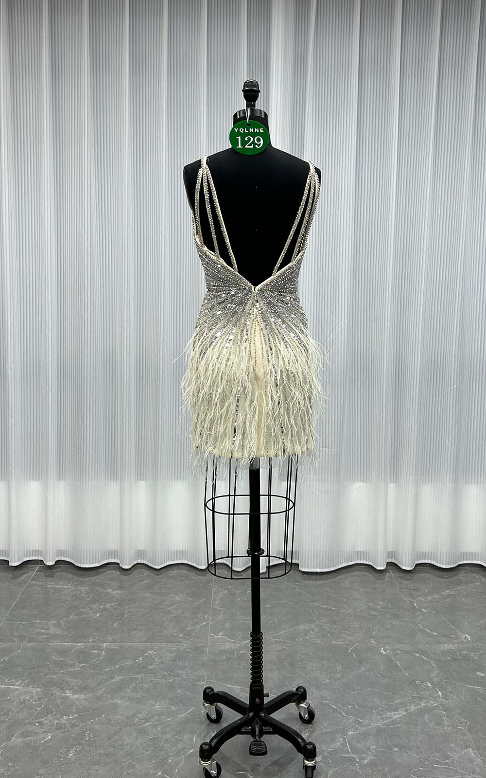 YQLNNE 0129 Silver Feathers Short Evening Dress Crystals Beaded Party Gown