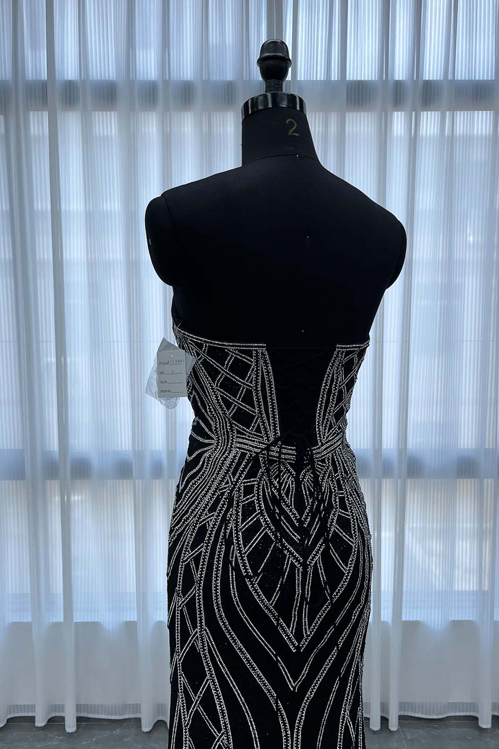YQLNNE 0130 Black Strapless Crystal Evening Dress Long Mermaid Party Dress Lace-up Back