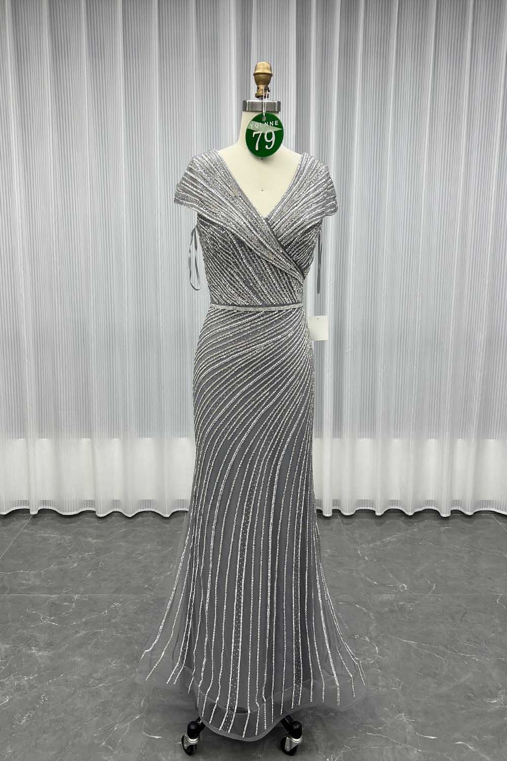 YQLNNE 079 Champagne Crystals Evening Dress Long Formal Gown For Mother of Bride
