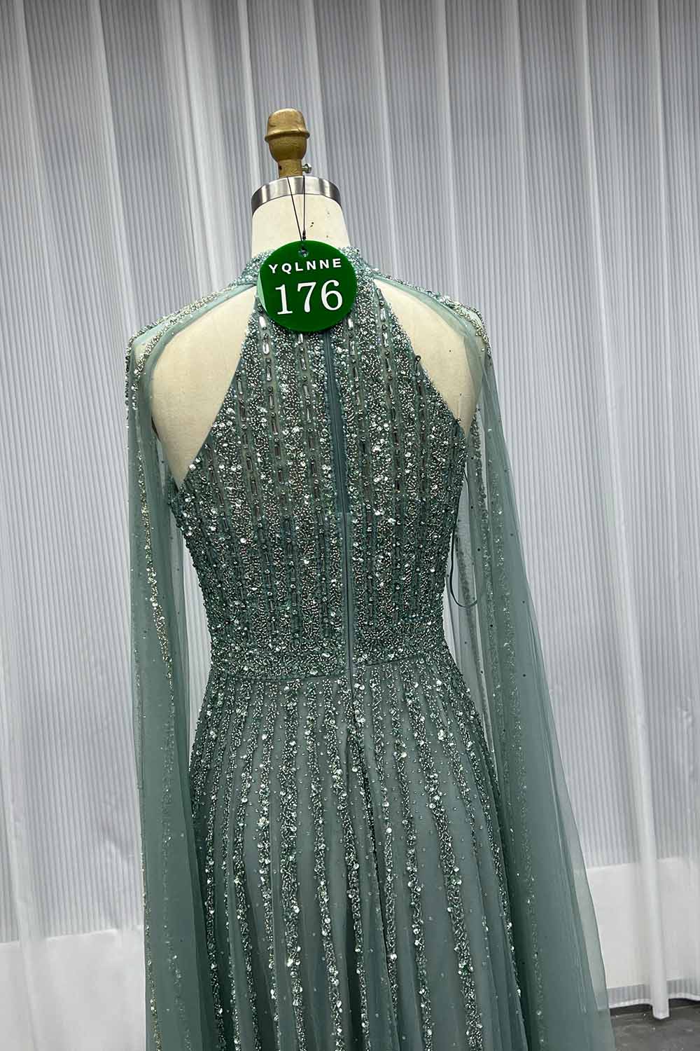 YQLNNE 0176 Sparkly Sage Crystals Evening Dress With Crystals Beaded Cape Sleeves