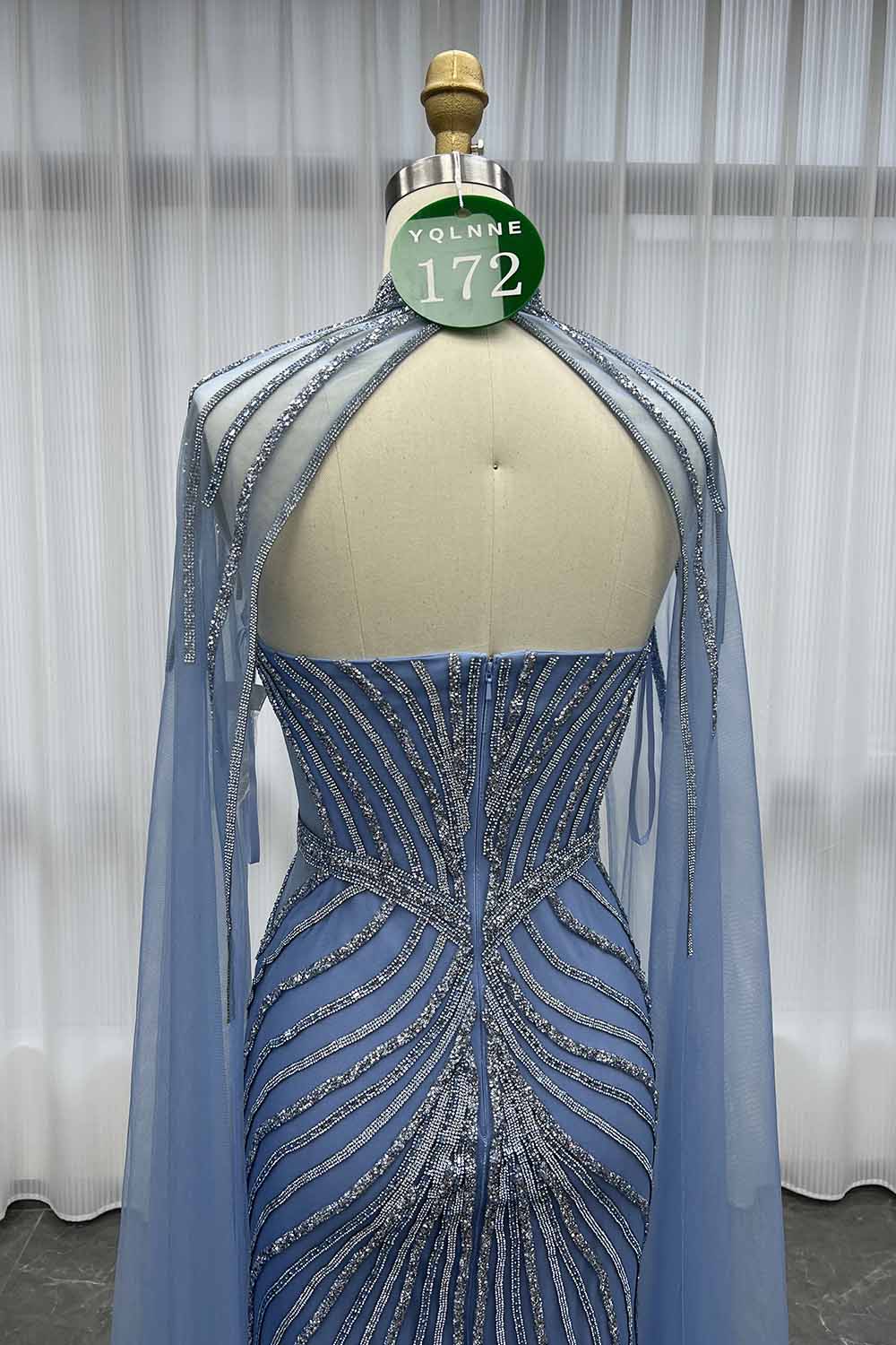 YQLNNE 0172 Blue Crystals Long Evening Dress With Shawl
