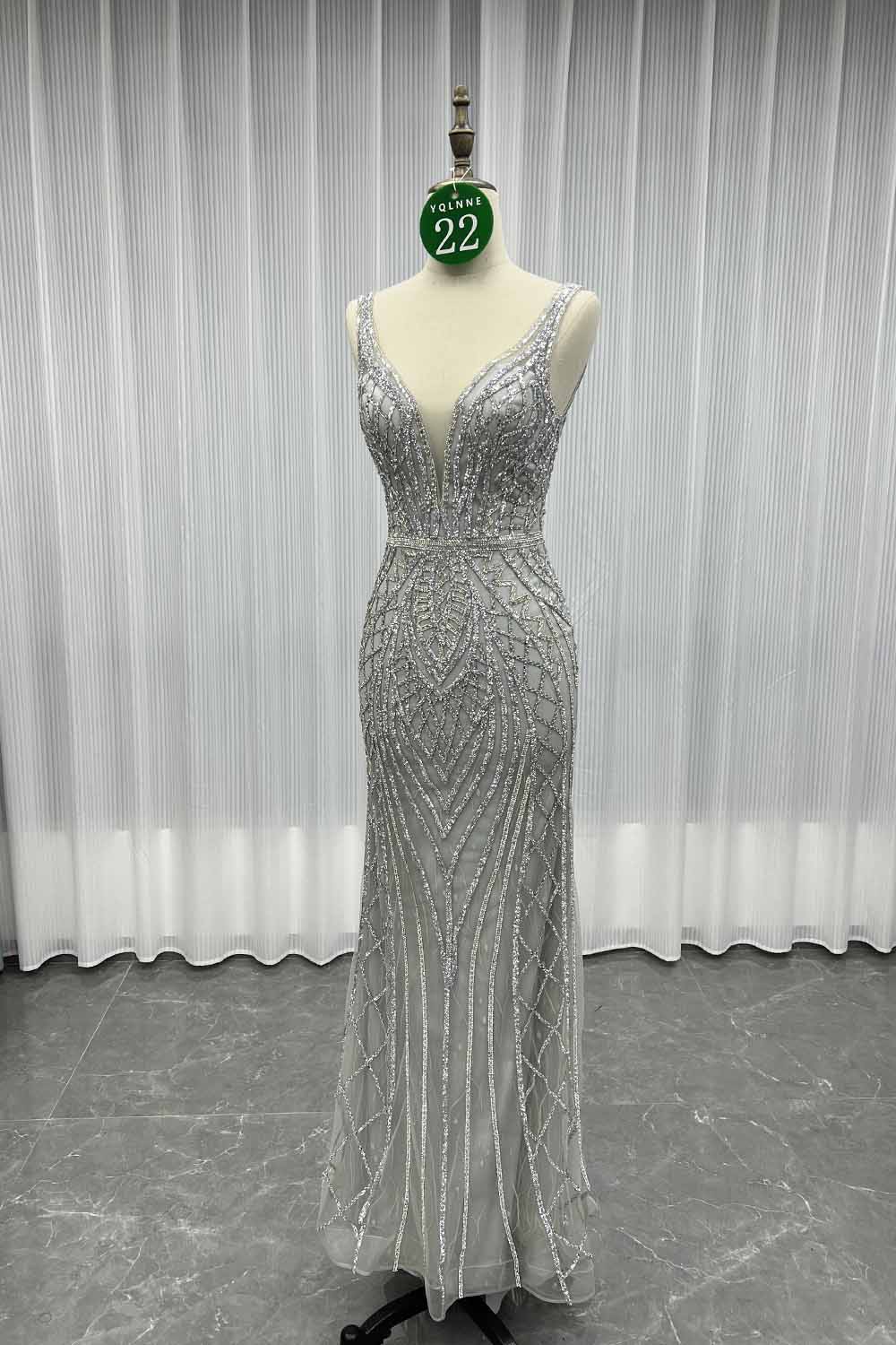 YQLNNE 022 Silver Crystals Long Prom Dress Mermaid Formal Evening Gown