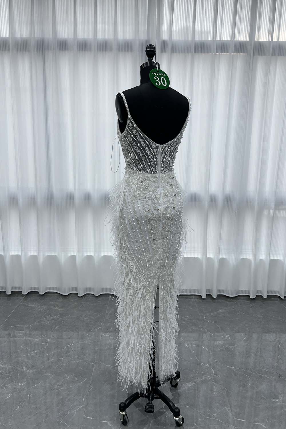 YQLNNE 030 White Feathers Crystals Evening Dress Tea-Length Beaded Gown