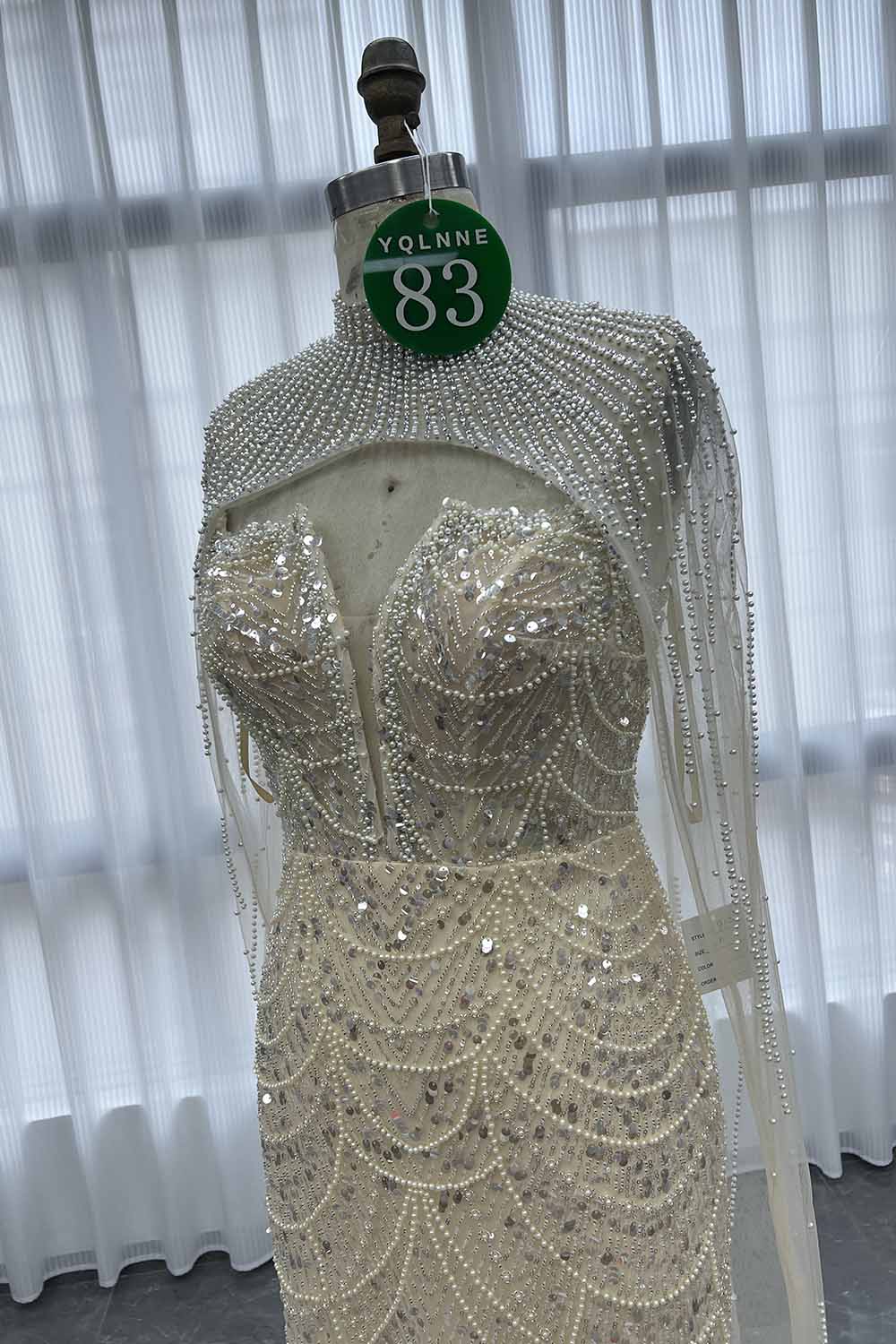 YQLNNE 083 Champagne Beading Long Evening Dress With Removable Shawl