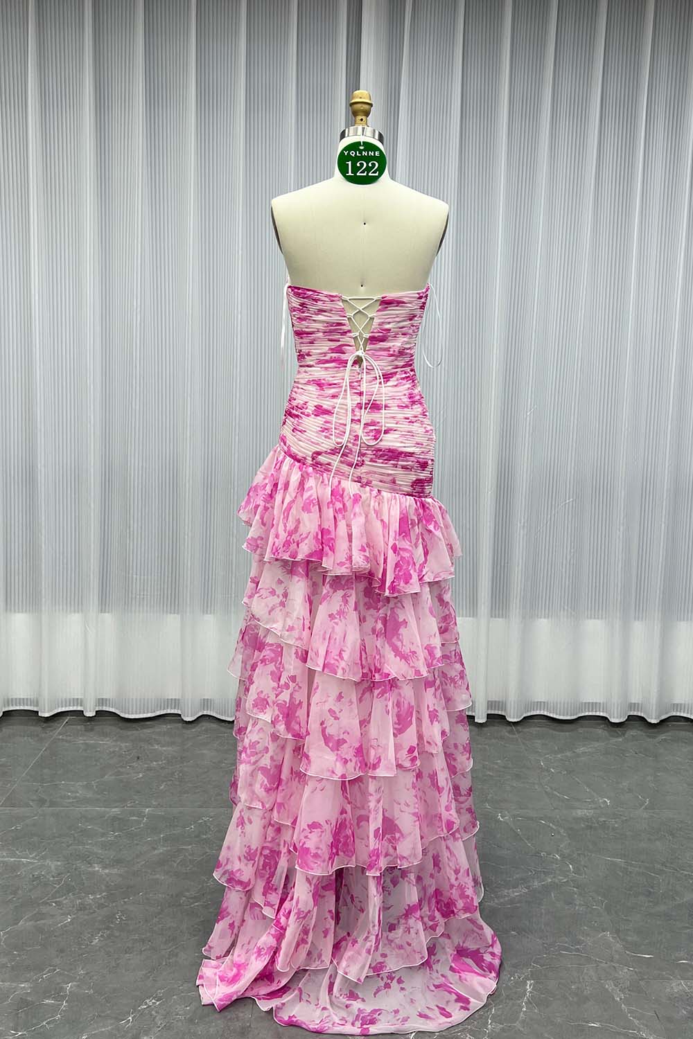 YQLNNE 0122 Pink Print Flowers Long Prom Dress Lace-up