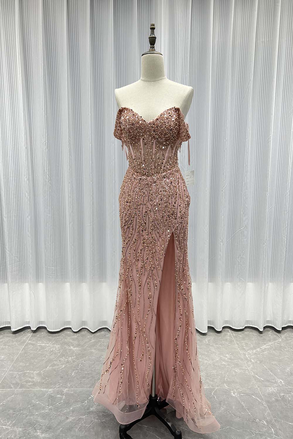 YQLNNE 08 Sliver Off The Shoulder Long Prom Dresses Slit Sequined Beaded Women Party Dress