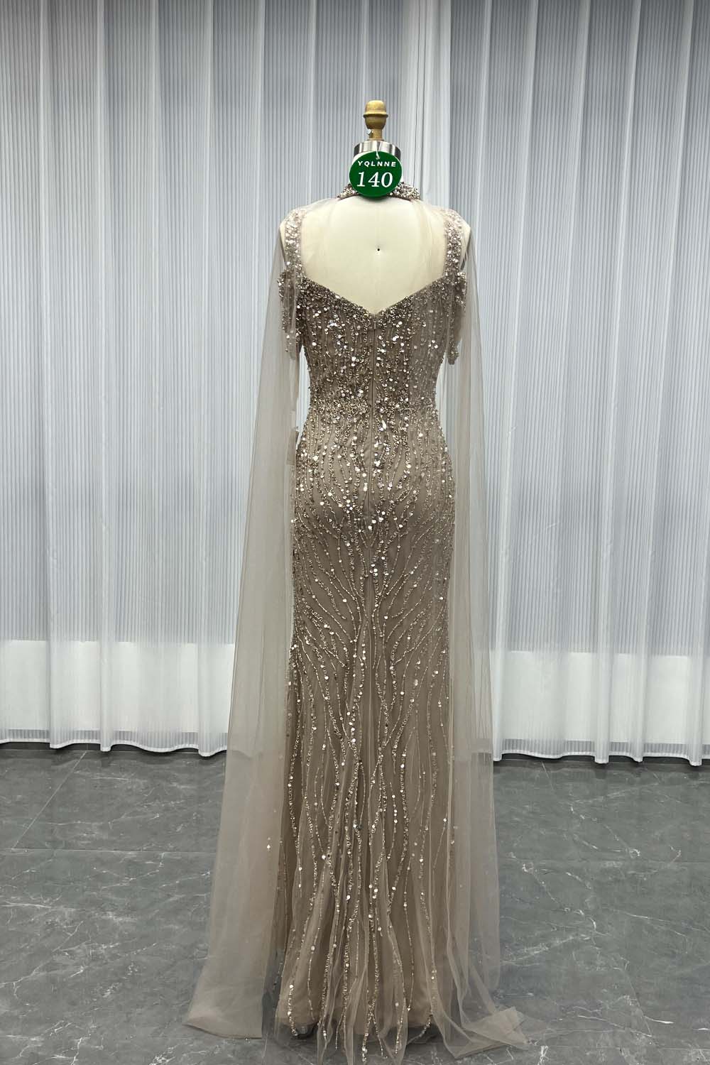 YQLNNE 0140 Nude Off Shoulder Crystals Beaded Evening Dress With Removable Shawl