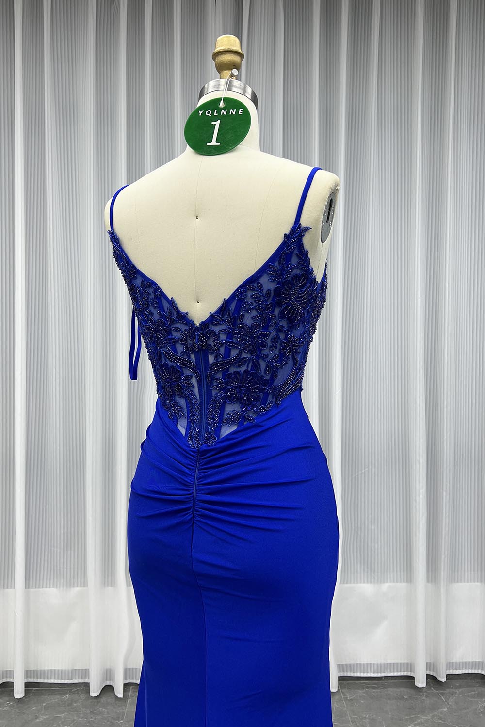 YQLNNE 01 Navy Spaghetti Long Slit Prom Dress With Beading