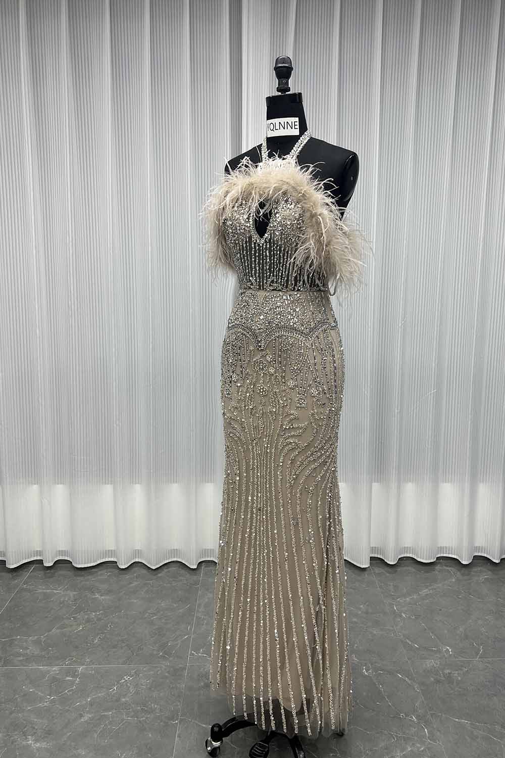 YQLNNE 044 Luxury Nude Feathers Crystals Evening Dress Long Mermaid Pageant Party Gown
