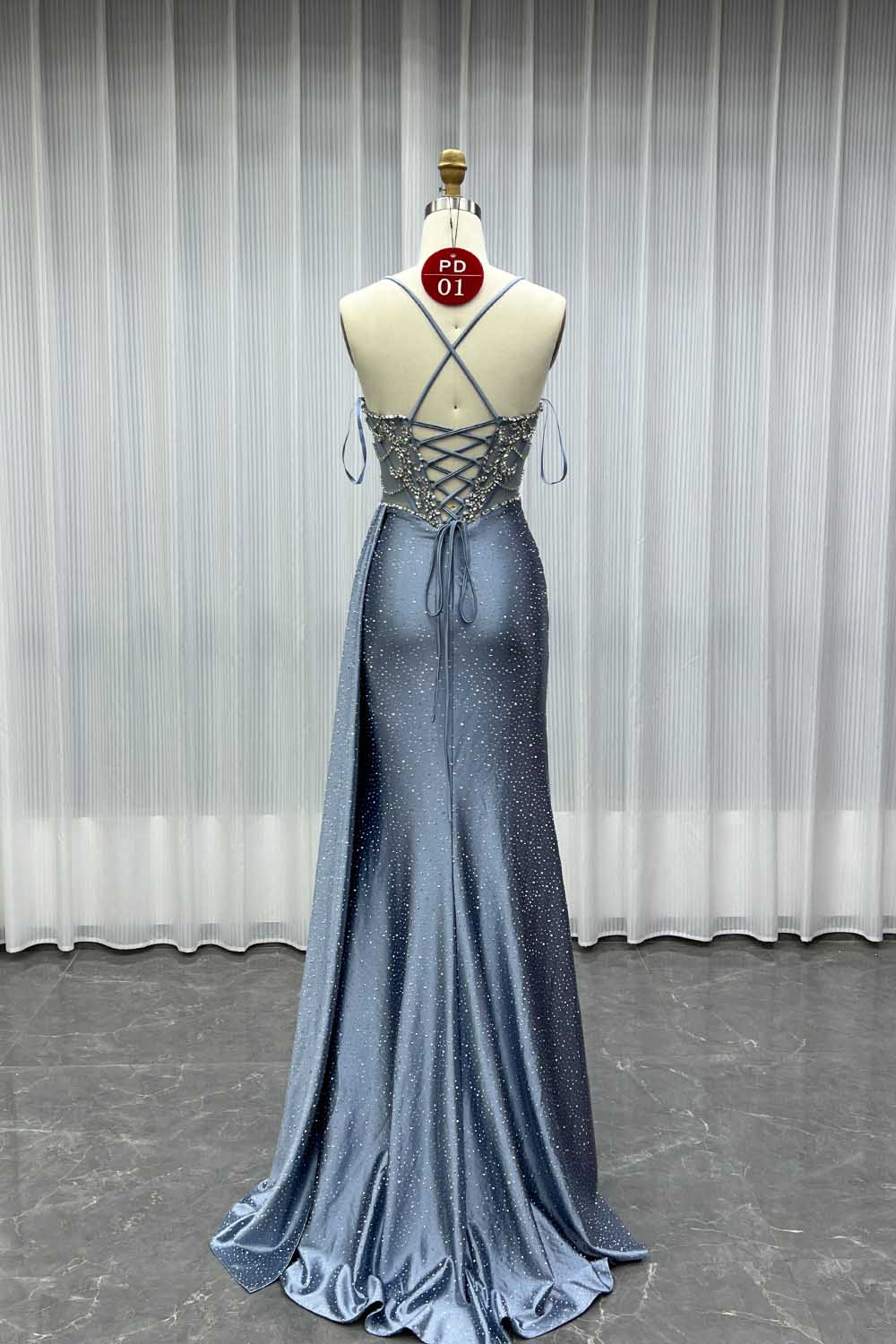 YQLNNE PD01 Champagne Straps Crystals Long Prom Dresses Lace-up Back