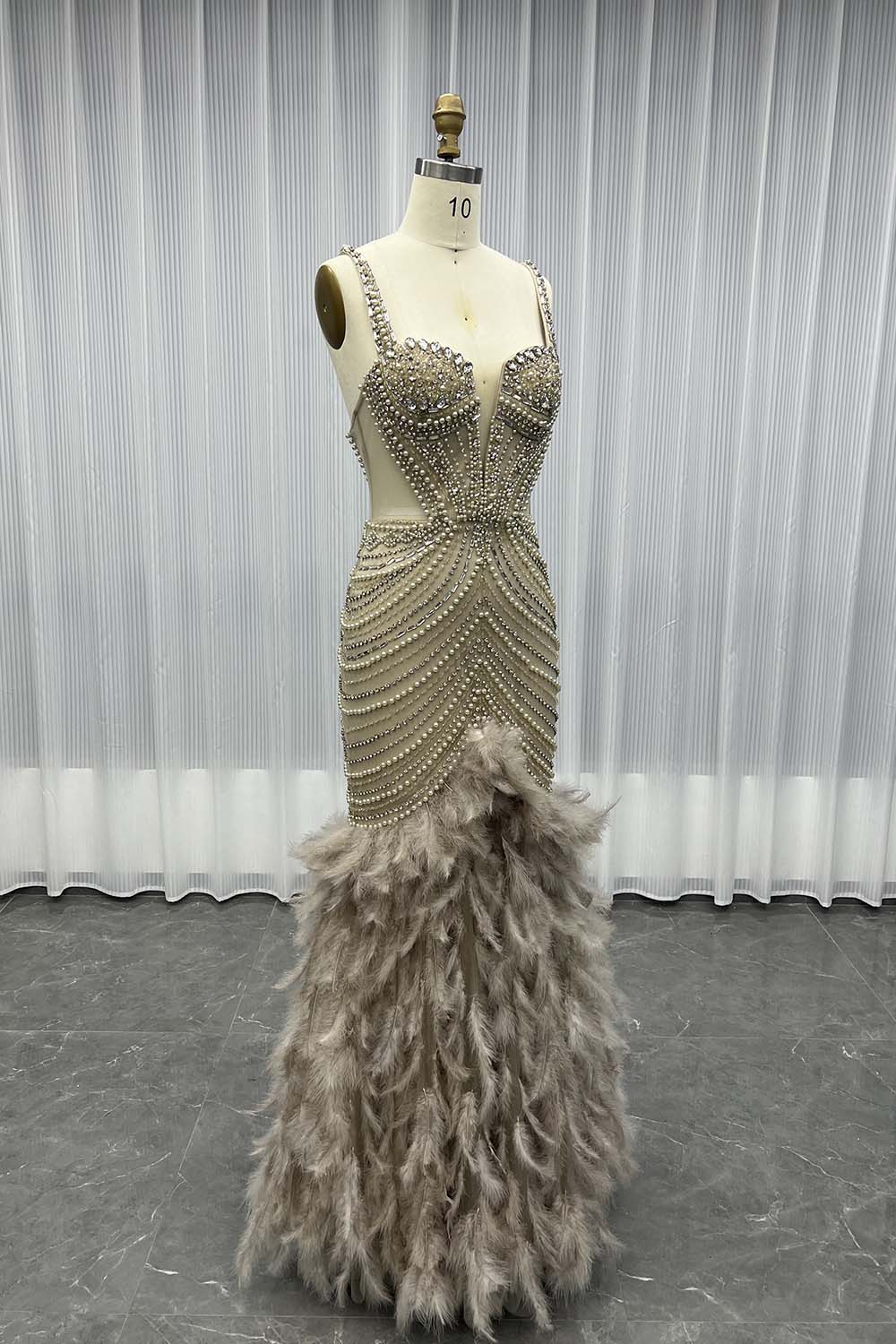YQLNNE 045 Blue Feathers Crystals Evening Party Gown Mermaid Formal Dress