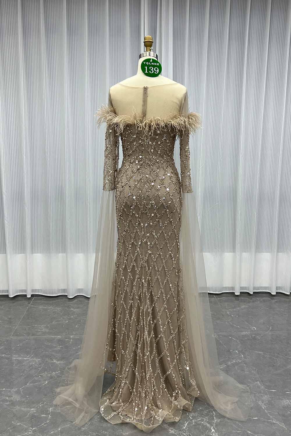 YQLNNE 0139 Nude Feathers Beaded Evening Dress With Sleeves