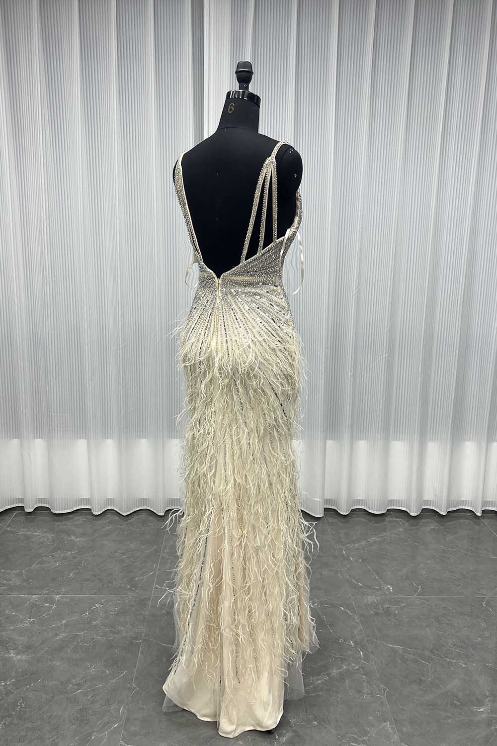 YQLNNE 043 Silver Nude Feathers Crystals Evening Dress Wedding Party Gown